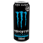 A 500ml can of Monster - Absolutely Zero Sugar Energy Drink with a blue logo and "Zero Sugar" label, price-marked £1.55 on a black background for a guilt-free energy boost.